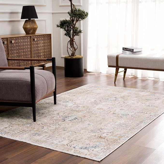 Hauteloom Caylin Bohemian Vintage Medallion Area Rug - Farmhouse Oriental Carpet for Living Room, Bedroom - Machine Washable- Cream, Dark Brown, Peach - 7'10" x 10'3"