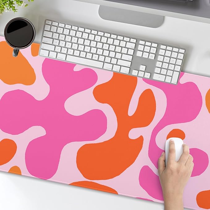 Pink Orange Cute Gaming Mouse Pad XL Kawani Preppy Abstract Modern Geographic Extended Large Desk Mat Mousepad Non-Slip Rubber Base Stitched Edge Long Desk Pad for Desktop Office PC,31.5×11.8 Inch