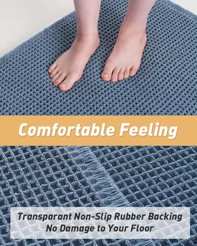 AMOAMI Upgraded Waffle Runner Rug Super Absorbent Non Slip Bath Mats for Bathroom Machine Washable Bathroom Runner Rug with Tassels, Ideal for Hallway Bedroom Laundry Room, 2'x 5'(24" x 60"), Blue