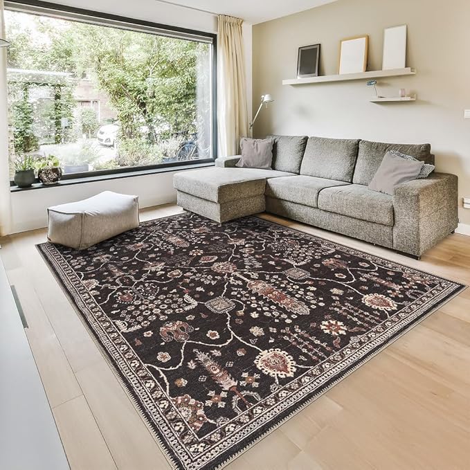 GLN Rugs Bohemian Collection - Machine Washable Area Rug, Bohemian Vintage, Non Slip, Low Pile Chenille Rug, Living Room, Bedroom, Bathroom Rug (9'x12' Black)