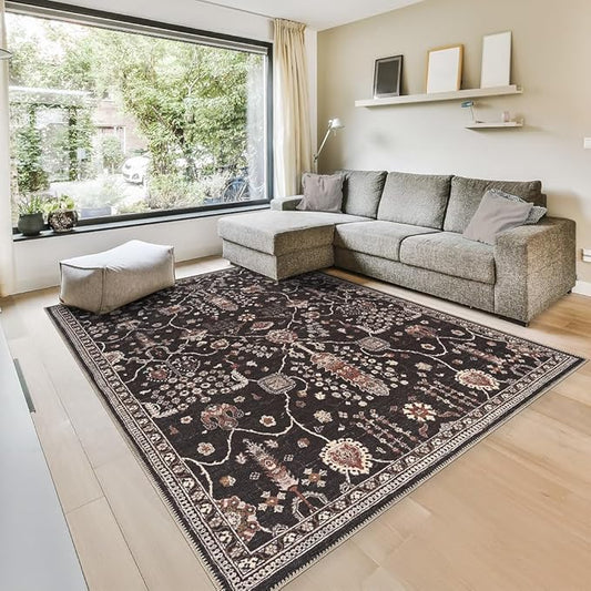 GLN Rugs Bohemian Collection - Machine Washable Area Rug, Bohemian Vintage, Non Slip, Low Pile Chenille Rug, Living Room, Bedroom, Bathroom Rug (9'x12' Black)