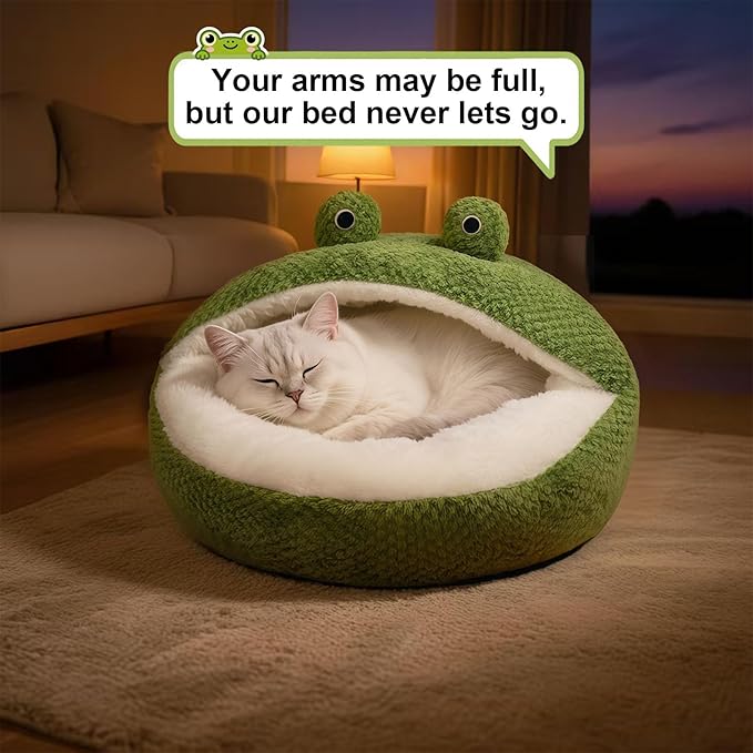 CWV Cute Cat Beds Kitten Beds, Soft Small Dog Beds, Washable Pet Beds for Puppy and Kitty, Funny Frog Cat Cave, 23 Inches