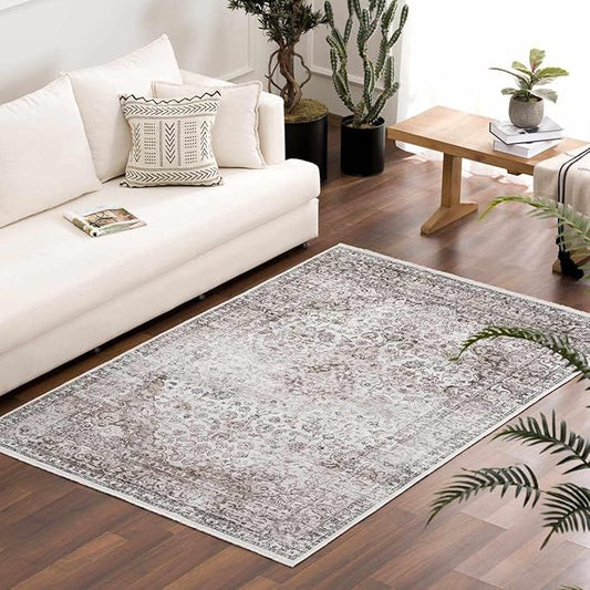 Hauteloom Ikatra Bohemian Vintage Medallion Area Rug - Farmhouse Oriental Carpet for Living Room, Bedroom - Machine Washable - Pearl, Dark Brown, Brown - 5' x 7'6"