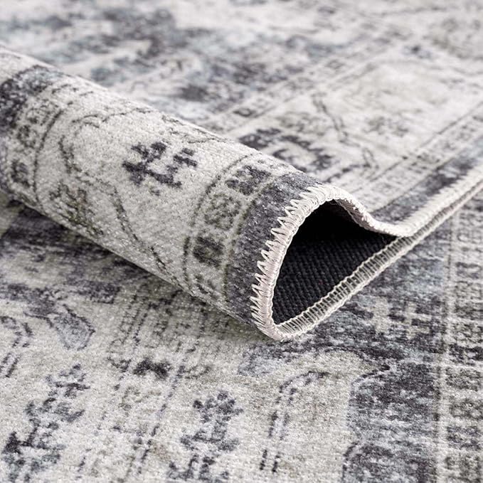 Hauteloom Carnig Bohemian Vintage Medallion Area Rug - Farmhouse Oriental Carpet for Living Room, Bedroom - Machine Washable- Off White, Dusty Blue, Charcoal - 6'7" x 9'