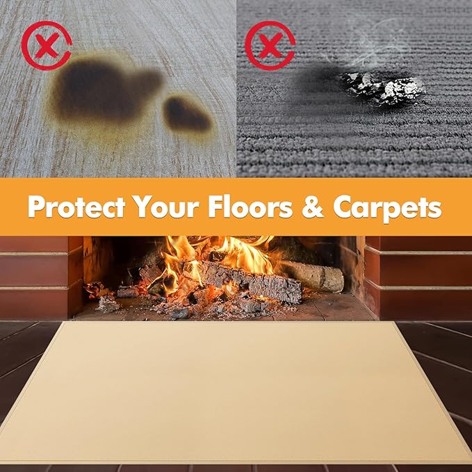 Hearth Rugs for Fireplaces Fire Resistant, 48 x 28 x 0.04 inch Fireproof Fireplace Mat Hearth Rug, Hearth Pads for Wood Stove Fireplace Indoor Outdoor, Protect Floors Carpets from Sparks Embers-Khaki
