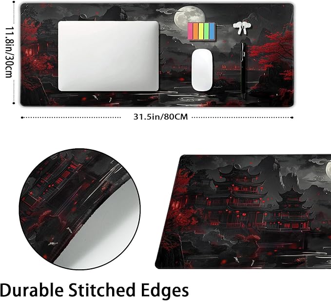 Full Moon Night Gaming Mouse Pad XLBlack Red Mountain Japanese Extended Large Mat Mousepad Desk Pad Non-Slip Rubber Base Stitched Edge Long Keyboard Pad for Computer,31.5×11.8 Inch