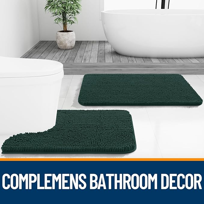 OLANLY Bathroom Rugs Sets 2 Piece, Soft Absorbent Chenille Bath Mats and U-Shaped Contour Toilet Rug Set, Machine Washable Bath Carpet, Home Decor Accessories(24"x16"+24"x20", Blackish Green)