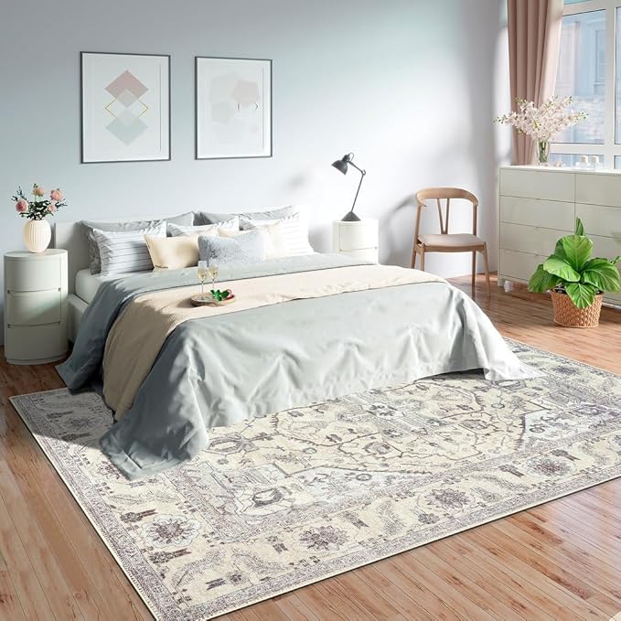 GLN Rugs Bohemian Collection - Machine Washable Area Rug, Bohemian Vintage, Non Slip, Low Pile Chenille Rug, Living Room, Bedroom, Bathroom Rug (6'x9' Beige and Gray)