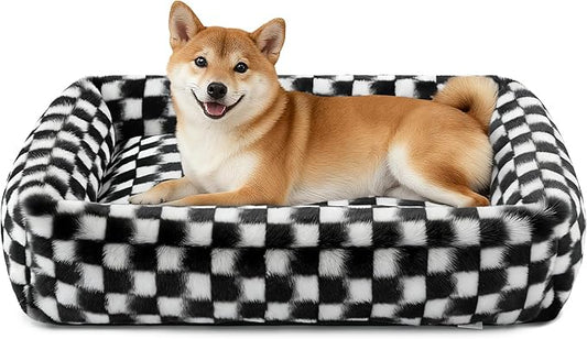 JOEJOY Large Dog Beds Large Sized Dog, Removable Washable Cover Orthopedic Soft Faux Rabbit Fur Pet Bed, Anti-Slip Fluffy Plush Faux Rabbit Fur Puppy Bed, 36"x27"x8", Checkered, Black