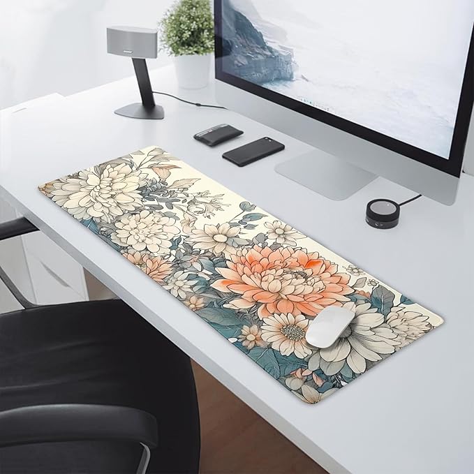 Japanese Aesthetic Floral Gaming Mouse Pad XL Vintage Orange White Flowers Extended Large Mat Mousepad Desk Pad Non-Slip Rubber Base Stitched Edge Long Keyboard Pad for Computer,31.5×11.8 Inch