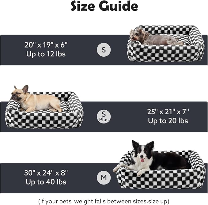 JOEJOY Large Dog Beds Large Sized Dog, Removable Washable Cover Orthopedic Soft Faux Rabbit Fur Pet Bed, Anti-Slip Fluffy Plush Faux Rabbit Fur Puppy Bed, 36"x27"x8", Checkered, Black