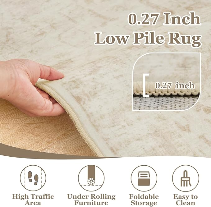 Beige Round Rugs 6ft, Low Pile Thin Circle Area Rugs for Bedroom Living Room Washable Non Slip, Vintage Medallion Distressed Neutral Round Carpet for Kitchen Dining Room