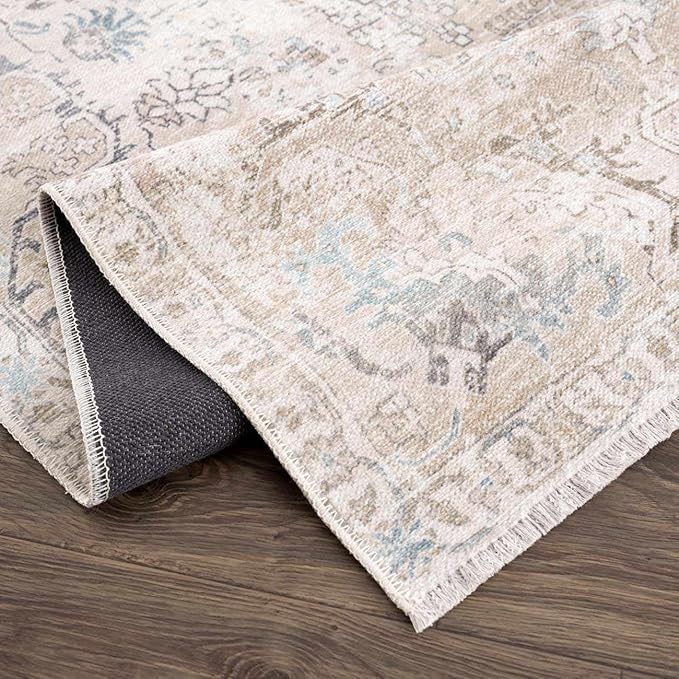 Hauteloom Caylin Bohemian Vintage Medallion Area Rug - Farmhouse Oriental Carpet for Living Room, Bedroom - Machine Washable- Cream, Dark Brown, Peach - 7'10" x 10'3"