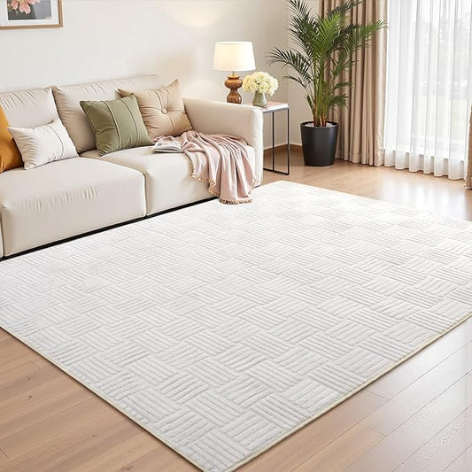 5x7 White Washable Shag Area Rug for Girls Bedroom, Modern Geometric Non Slip Living Room Rugs, Fluffy Soft Thick Carpet for Kids Room, Dorm, Office, and Home Decor