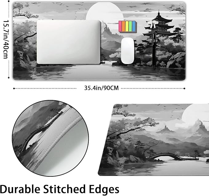 Black Gray Japanese Sakura Gaming Mouse Pad Grey White Cherry Blossom Tower Mountain Aesthetic Extended Large Desk Mat Mousepad Non-Slip Rubber Base Stitched Edge Desk Pad for Desktop,35.4 x 15.7 in
