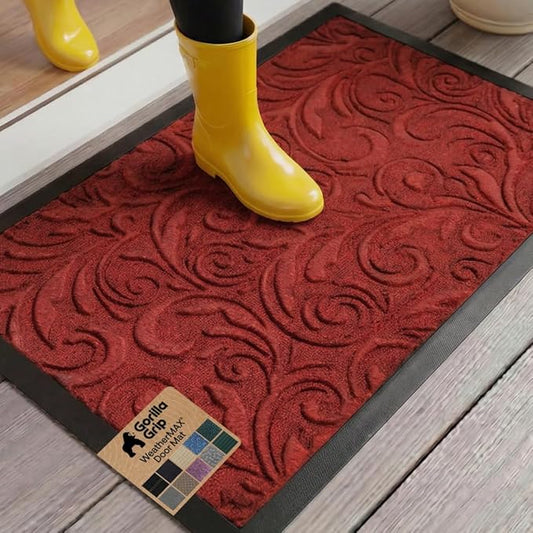 GORILLA GRIP 100% Waterproof All-Season WeatherMAX Doormat US Designed Natural Rubber, Stain and Fade Resistant, Low Profile Indoor Outdoor Door Mats, Easy Clean Patio Mat, 17x29, Red Vintage Wine