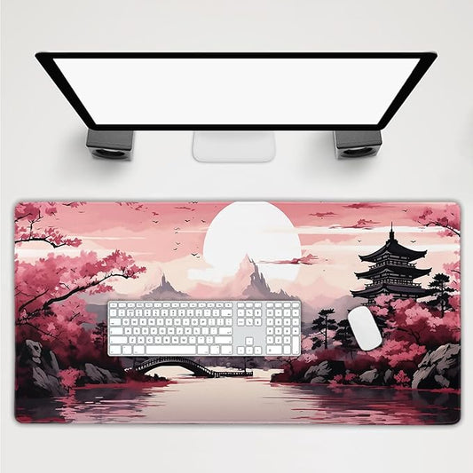 Pink Japanese Sakura Gaming Mouse Pad Extended 3XL Cherry Blossom Tower Mountain Landscape Large Desk Mat Big Mousepad Non-Slip Rubber Base Stitched Edge Long Desk Pad for Gamer,47.2x23.6in,120x60cm