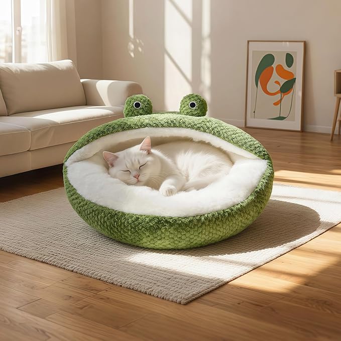 CWV Cute Cat Beds Kitten Beds, Soft Small Dog Beds, Washable Pet Beds for Puppy and Kitty, Funny Frog Cat Cave, 23 Inches