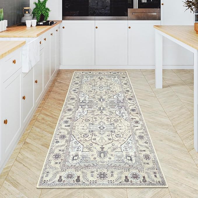 GLN Rugs Bohemian Collection - Machine Washable Area Rug, Bohemian Vintage, Non Slip, Low Pile Chenille Rug, Living Room, Bedroom, Bathroom Rug (2'6"x7' Beige and Gray)