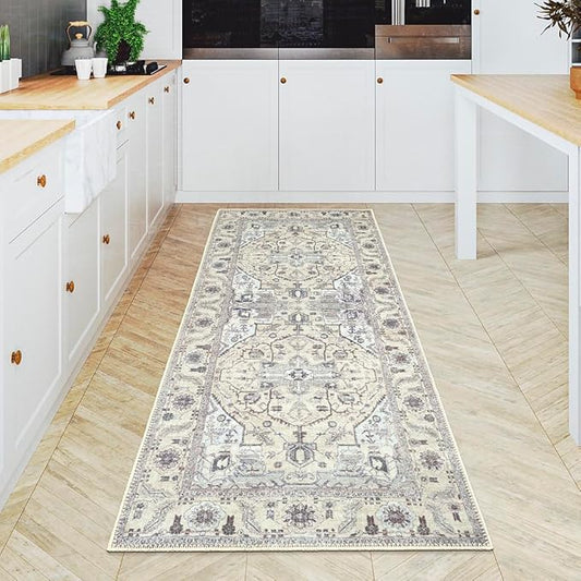 GLN Rugs Bohemian Collection - Machine Washable Area Rug, Bohemian Vintage, Non Slip, Low Pile Chenille Rug, Living Room, Bedroom, Bathroom Rug (2'6"x7' Beige and Gray)