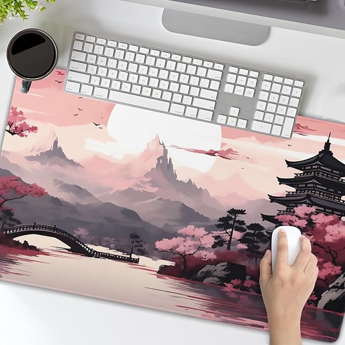 Pink Japanese Sakura Gaming Mouse Pad Large XL Cherry Blossom Tower Mountain Landscape Extended Desk Mat Big Mousepad Non-Slip Rubber Base Stitched Edge Long Desk Pad for Computer,24x14 in,60x35cm