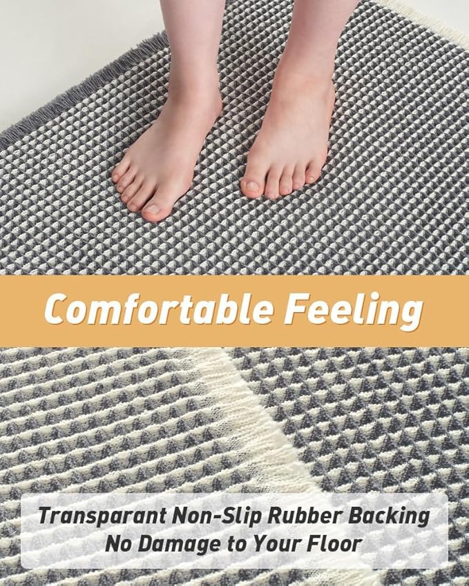 Upgraded Waffle Runner Rug Super Absorbent Non Slip Bath Mats for Bathroom Washable Bathroom Runner Rug with Tassels, Ideal for Hallway Bedroom Laundry Room, Dark Grey & Cream, 2' x 5'(24" x 60")