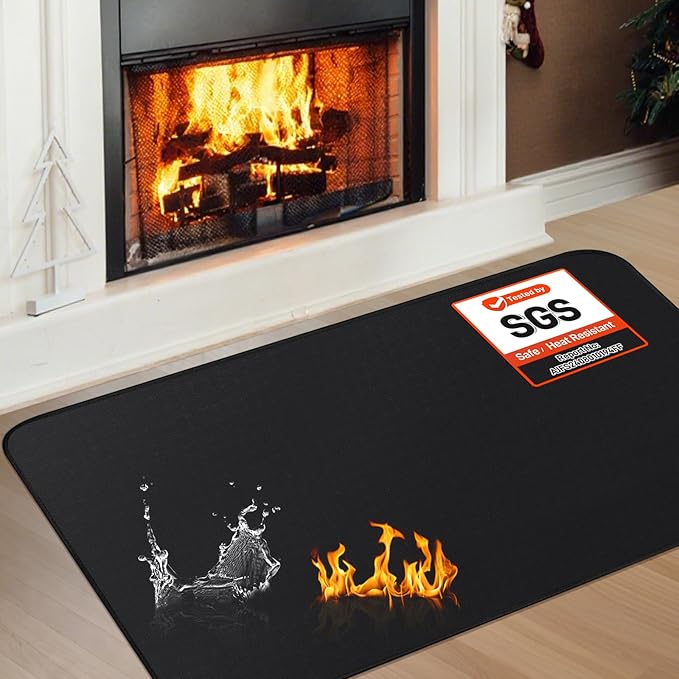 Fireplace Mat, 2'8'' x 4' x 0.04'' Fireplace Rug, Hearth Rug for Wood Stove Fireplace Indoor Outdoor, Thin Fireplace Rugs Fire Resistant Protects Floors Carpets from Sparks Embers, Black