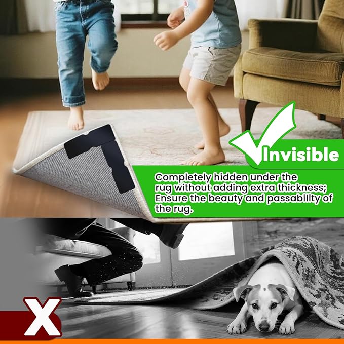 Rug Non Slip Grippers, Reusable Rug Tape Pads for Hardwood Floors, Tiles, No Residue Stickers for Wood Floor, Double Adhesive Carpet Tape for Area Rugs Corners Flat (8)