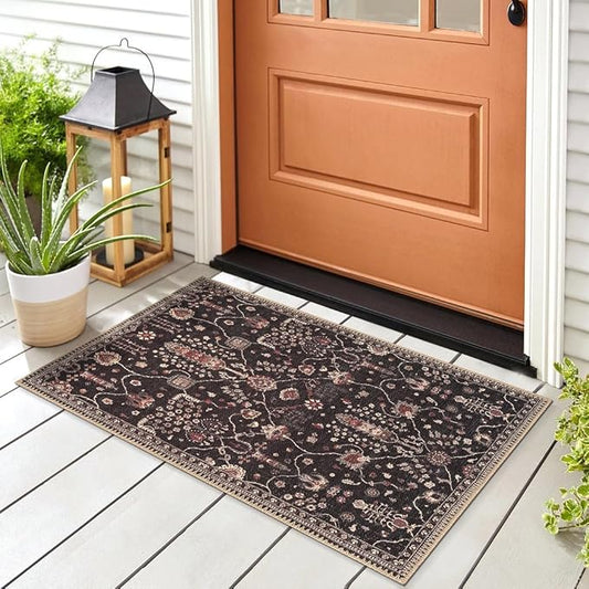 GLN Rugs Bohemian Collection - Machine Washable Area Rug, Bohemian Vintage, Non Slip, Low Pile Chenille Rug, Living Room, Bedroom, Bathroom Rug (2'x3' Black)