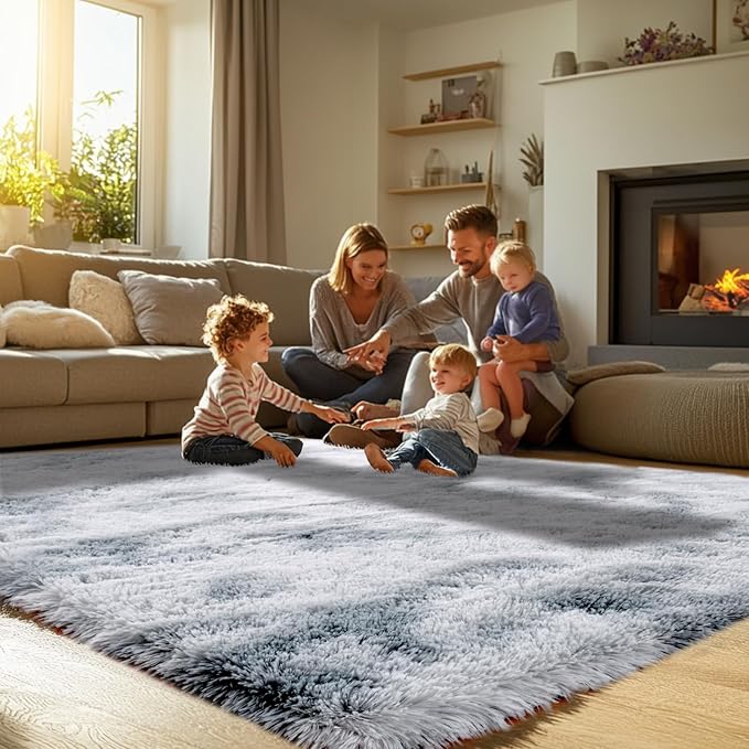Shag Rugs for Living Room 9x12: 9x12 Area Rugs for Living Room- 9x12 Large Soft Tie-Dyed Light Grey Rugs for Bedroom- Fuzzy Plush Modern Carpets for Kids Room (Tie-Dyed Light Grey, 9x12 Feet