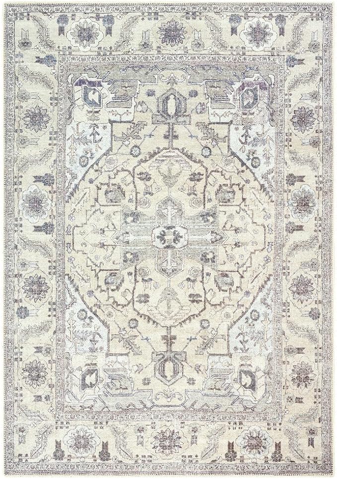 GLN Rugs Bohemian Collection - Machine Washable Area Rug, Bohemian Vintage, Non Slip, Low Pile Chenille Rug, Living Room, Bedroom, Bathroom Rug (6'x9' Beige and Gray)