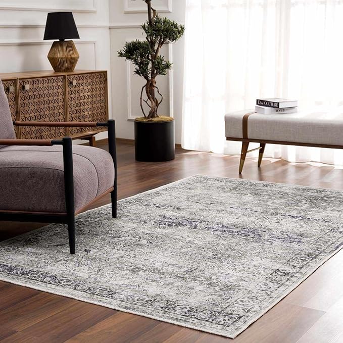 Hauteloom Wentworth Bohemian Vintage Medallion Area Rug - Farmhouse Oriental Carpet for Living Room, Bedroom - Machine Washable - Gray - 7'10" x 10'3"
