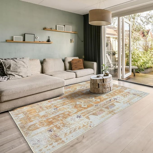 GLN Rugs Bohemian Collection - Machine Washable Area Rug, Bohemian Vintage, Non Slip, Low Pile Chenille Rug, Living Room, Bedroom, Bathroom Rug (4'x6' Yellow)