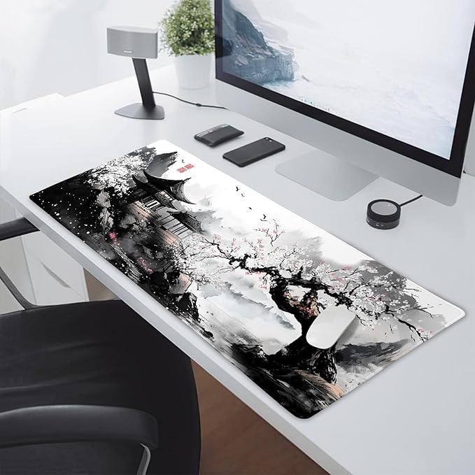 Black Whtie Japanese Gaming Mouse Pad XXL Anime Sakura Cherry Blossom Tree Extended Large Mat Mousepad Desk Pad Non-Slip Rubber Base Stitched Edge Keyboard Pad Playmat for Computer,35.4×15.7 Inch