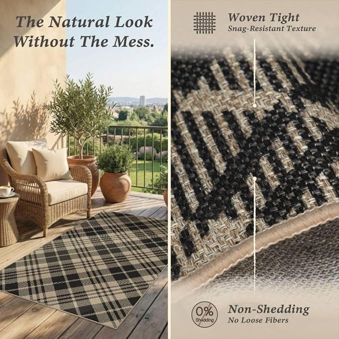 JTJ Vintage Indoor Entrance 4x3 Rug - Easy Jute Woven Door Mat for Indoor Area, 3x4 Large Kitchen Rug, Washable Low Pile Black and White Geometric Aesthetic Natural Color Decor