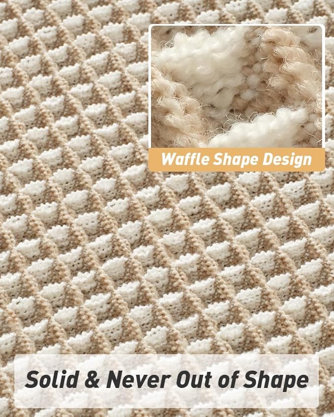 Upgraded Waffle Bath Mats Set of 2, Super Absorbent Non Slip Bath Mats for Bathroom Floor, Washable Boho Bathroom Rugs Set 2 Piece with Tassels, Soft Bathroom Mat Set, 18" x 30" (2 Pack), Brown Cream