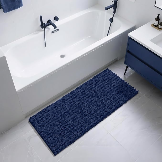 Yimobra Bathroom Runner Rug 55x24 Inch - Extra Long Non Slip Chenille Bath Mat, Soft & Absorbent, Machine Washable Shaggy Hallway Carpet for Vanity Tub Shower, Navy Blue Home Decor Accessories