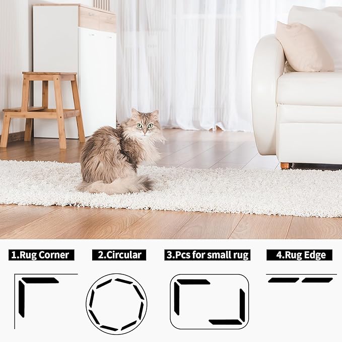 16 Pcs Non Slip Rug Pads Grippers，Keep Area Rugs Corners from Curling and Bunching, Reusable Rug Tape for Hardwood Floors and Tiles, Dual Sided Adhesive Washable Rug Holder Keep Corner Flat