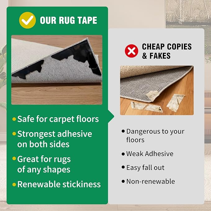 Large Non Slip Rug Pads 8 Pcs,Reusable Double Sided Carpet Tape for Hardwood Floors and Tiles,Extra Thick and Double Sided Adhesive to Secure Area Rugs,No Residue for Floor