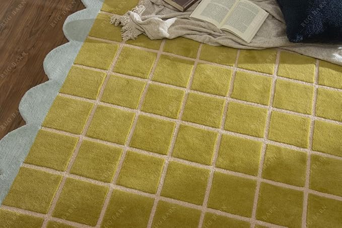 Checkered Wool Area Rug with Scalloped Border, Chartreuse Green & Cream Grid, Hand-Tufted, Soft Cut Pile, Modern Cottagecore Living Room, Bedroom & Nursery Carpet - 5x8 Ft