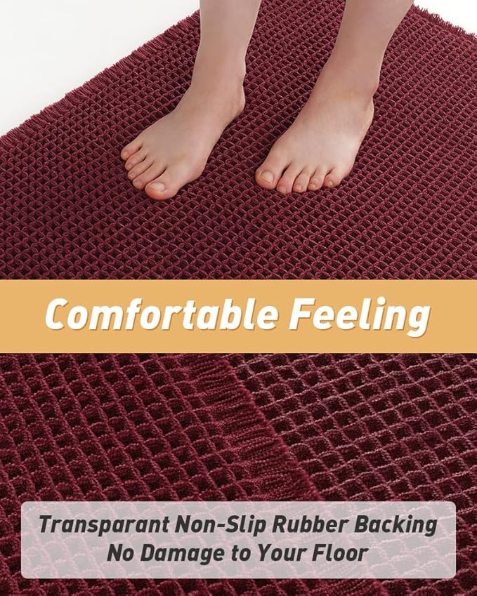 AMOAMI Upgraded Waffle Runner Rug Super Absorbent Non Slip Bath Mats for Bathroom Floor Washable Bathroom Runner Rug with Tassels, Ideal for Hallway Bedroom Laundry Room, Burgundy, 2' x 4'(24" x 48")