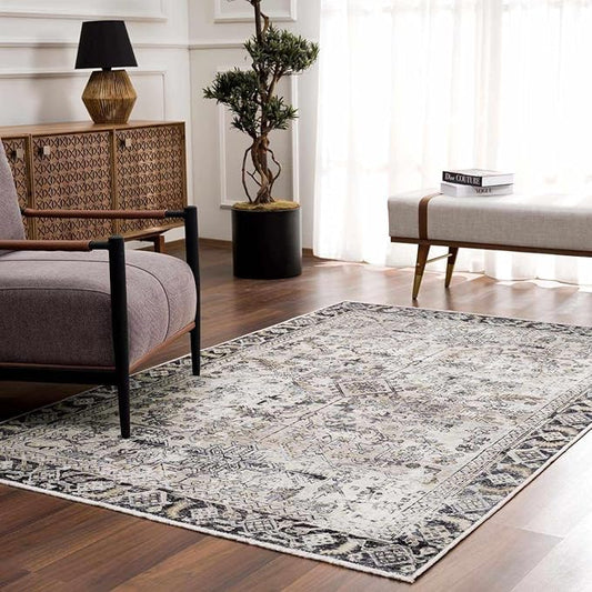 Hauteloom Ariane Bohemian Vintage Medallion Area Rug - Farmhouse Oriental Carpet for Living Room, Bedroom - Machine Washable- Gold, Arctic Blue, Black - 5' x 7'6"