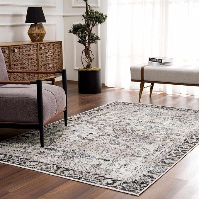 Hauteloom Wentworth Bohemian Vintage Medallion Area Rug - Farmhouse Oriental Carpet for Living Room, Bedroom - Machine Washable- Gold, Arctic Blue, Black - 6'7" x 9'