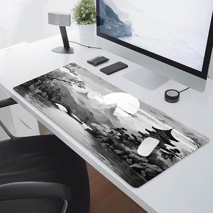 Black Gray Japanese Sakura Gaming Mouse Pad Grey White Cherry Blossom Tower Mountain Aesthetic Extended Large Desk Mat Mousepad Non-Slip Rubber Base Stitched Edge Desk Pad for Desktop,35.4 x 15.7 in