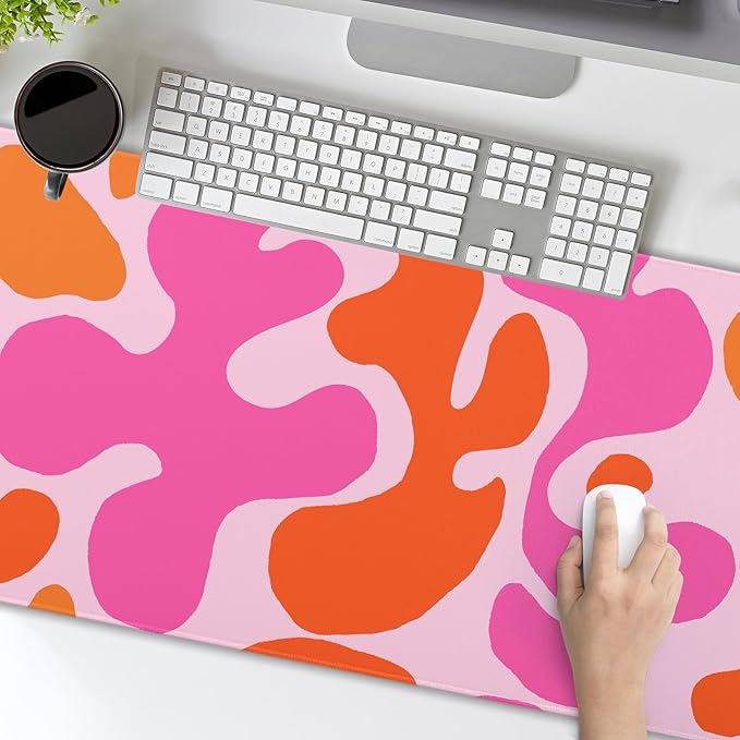 Pink Orange Cute Gaming Mouse Pad Extended 3XL Kawani Preppy Abstract Modern Geographic Large Desk Mat Mousepad Non-Slip Rubber Base Stitched Edge Long Desk Pad for Desktop Office PC,47.2x23.6 Inch