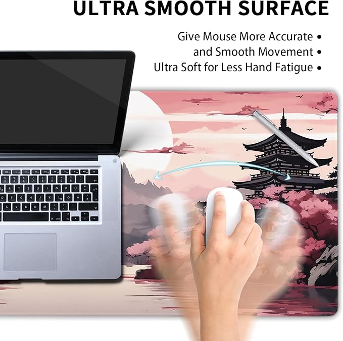 Pink Japanese Sakura Gaming Mouse Pad Large XL Cherry Blossom Tower Mountain Landscape Extended Desk Mat Big Mousepad Non-Slip Rubber Base Stitched Edge Long Desk Pad for Computer,24x14 in,60x35cm