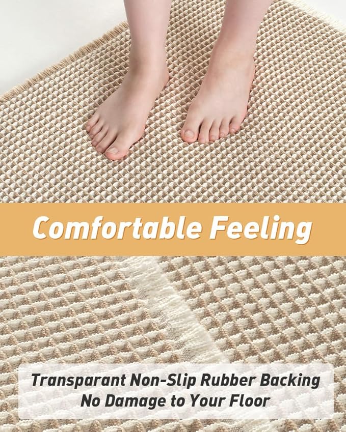 Upgraded Waffle Bath Mats Set of 2, Super Absorbent Non Slip Bath Mats for Bathroom Floor, Washable Boho Bathroom Rugs Set 2 Piece with Tassels, Soft Bathroom Mat Set, 17" x 24" (2 Pack), Brown Cream