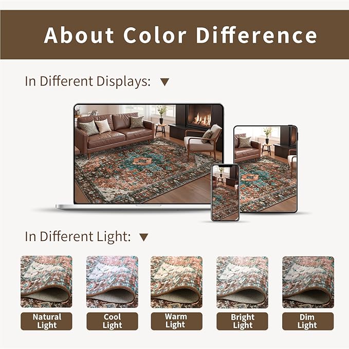 Ciicool Area Rug 5x7ft Washable Rugs for Living Room Non-Slip Indoor Rugs Large Low-Pile Mat Floor Carpet Vintage Rug for Bedroom Dinning Foyer Decor (Brick Red/Dull Teal)