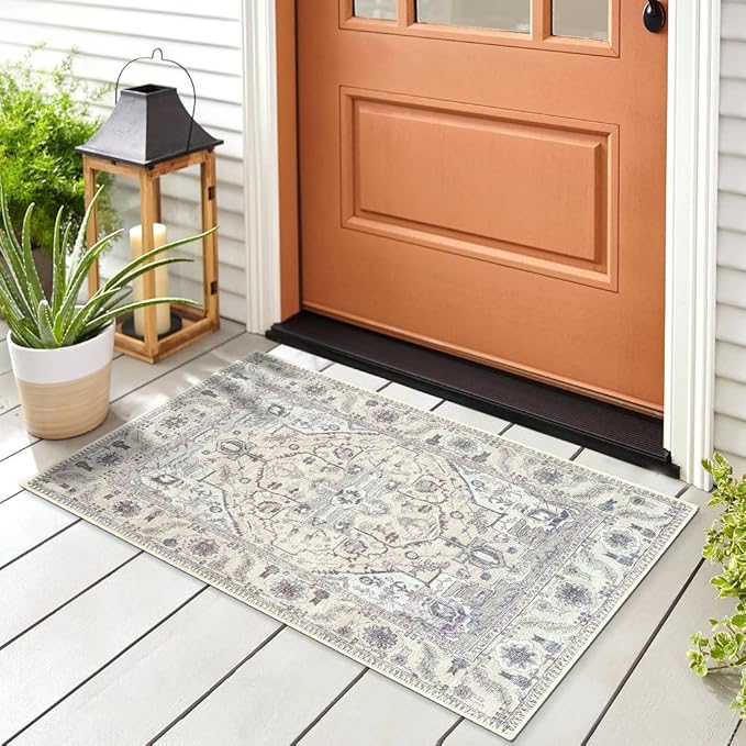 GLN Rugs Bohemian Collection - Machine Washable Area Rug, Bohemian Vintage, Non Slip, Low Pile Chenille Rug, Living Room, Bedroom, Bathroom Rug (2'x3' Beige and Gray)