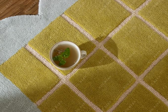 Checkered Wool Area Rug with Scalloped Border, Chartreuse Green & Cream Grid, Hand-Tufted, Soft Cut Pile, Modern Cottagecore Living Room, Bedroom & Nursery Carpet - 5x7 Ft